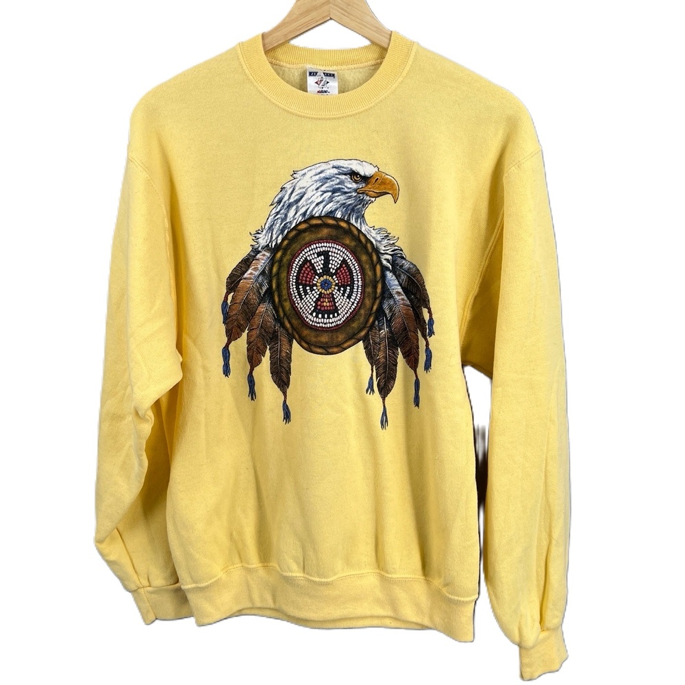 Vintage Jerzees Sweatshirt Yellow Eagle‎ Native American Graphic Crew Neck Small